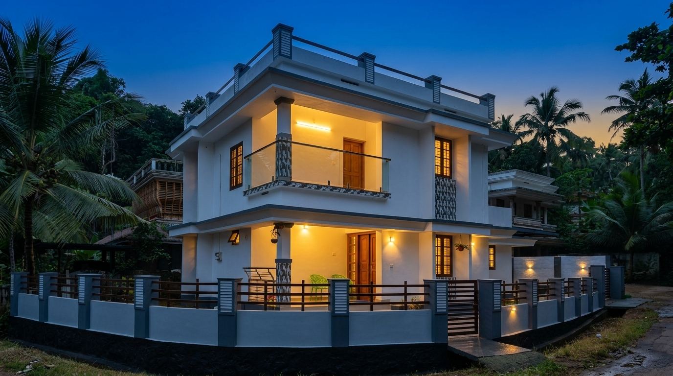 Future Homes Homestay at dusk: a white two-storey house with warm lights in the windows, porch and glass balcony, behind a low compound wall among coconut palms.